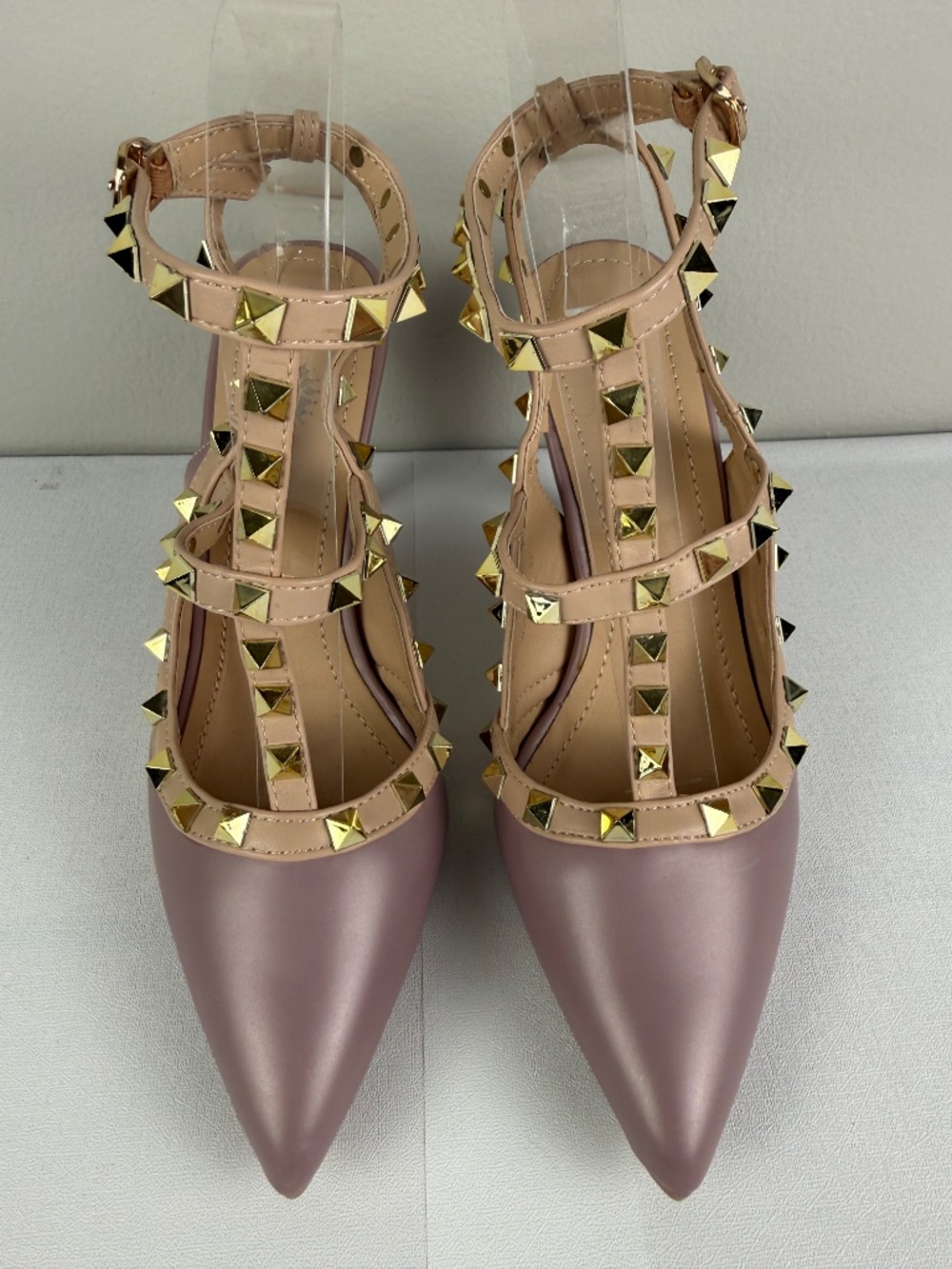 Studded T-Strap Pointed Toe Heels in Dusty Rose - Picture 3 of 10